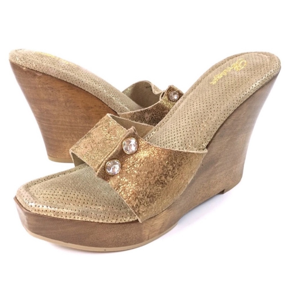 Bridget Gold Glitz Wood Platform Wedge Sandals